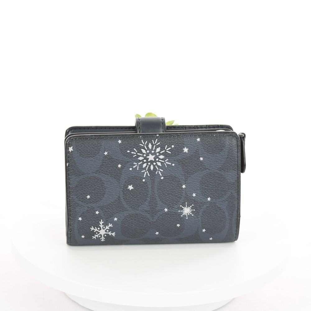 Coach Signature Navy Blue Snowflake Pattern Corner Zip Wallet C1927 - Picture 3 of 9